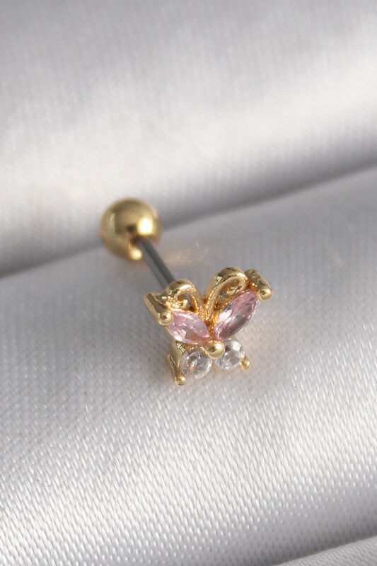 Gold Renk Pembe Zirkon Taşlı Kelebek Tragus Piercing - EBJ241123W29391 - 1