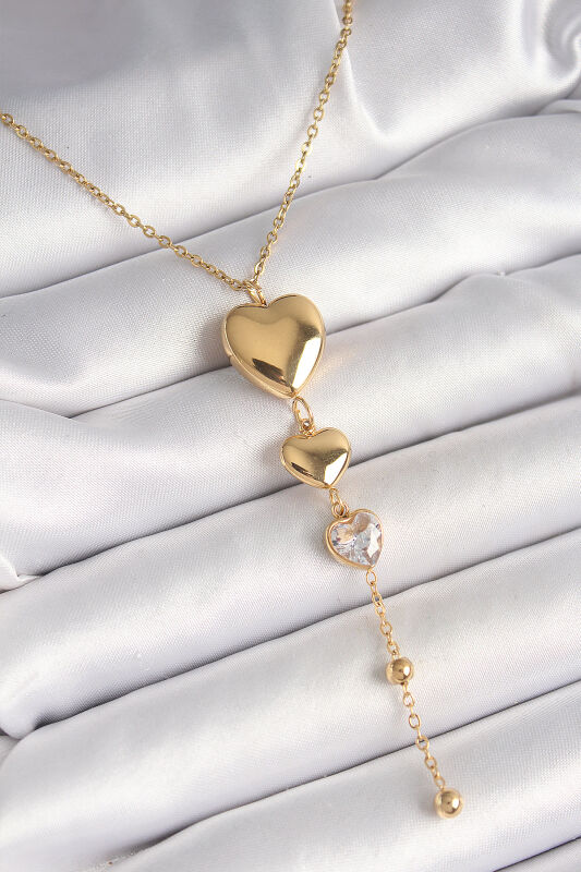 Gold Renk Sallantı Kalp Model Zirkon Taş Detaylı Kadın Kolye - EBJ250412W32661 - 1