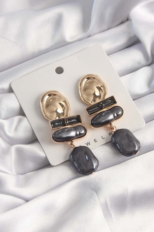 Gold Renk Siyah İnci Taşlı Ezme Model Küpe - EBJ241123W28290 - 1