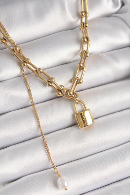 Gold Renk Tiffany Zincir Model Kilit Figür Sallantı İnci Detay Kadın Kolye - EBJ250412W32665 - 1