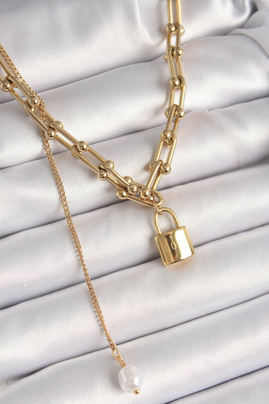 Gold Renk Tiffany Zincir Model Kilit Figür Sallantı İnci Detay Kadın Kolye - EBJ250412W32665 - 1