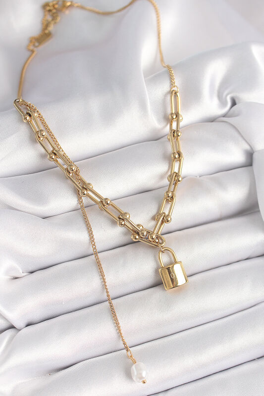 Gold Renk Tiffany Zincir Model Kilit Figür Sallantı İnci Detay Kadın Kolye - EBJ250412W32665 - 2