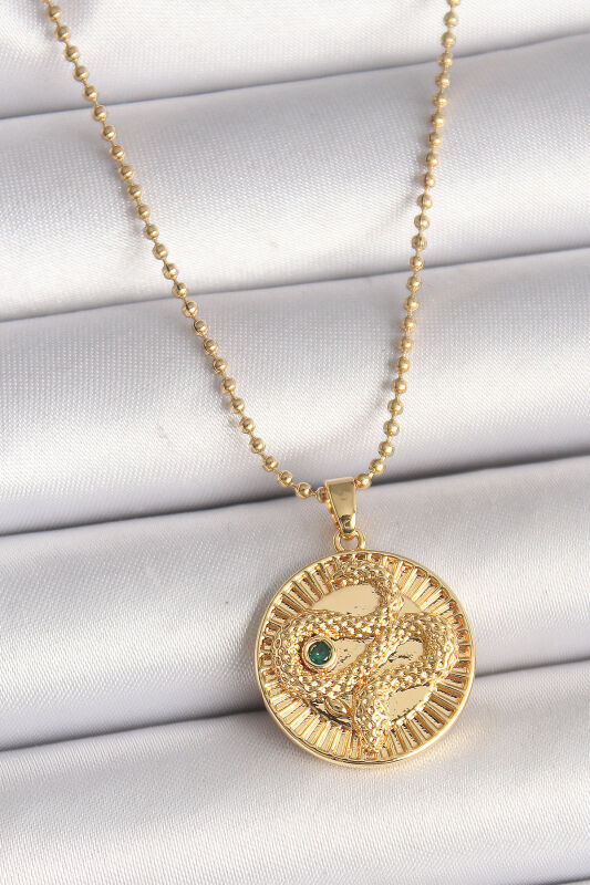 Gold Renk Topçuk Zincir Yılan İşlemeli Zirkon Taş Detaylı Madalyon Model Kadın Kolye - EBJ250301W31338 - 1