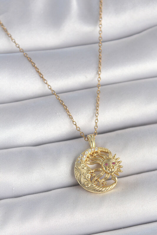 Gold Renk Zincir Ay Güneş Model Zirkon Taş Detaylı Kadın Kolye - EBJ250501W33595 - 1