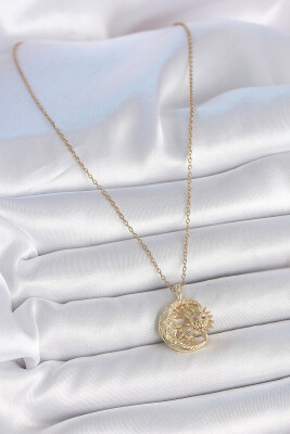 Gold Renk Zincir Ay Güneş Model Zirkon Taş Detaylı Kadın Kolye - EBJ250501W33595 - 2