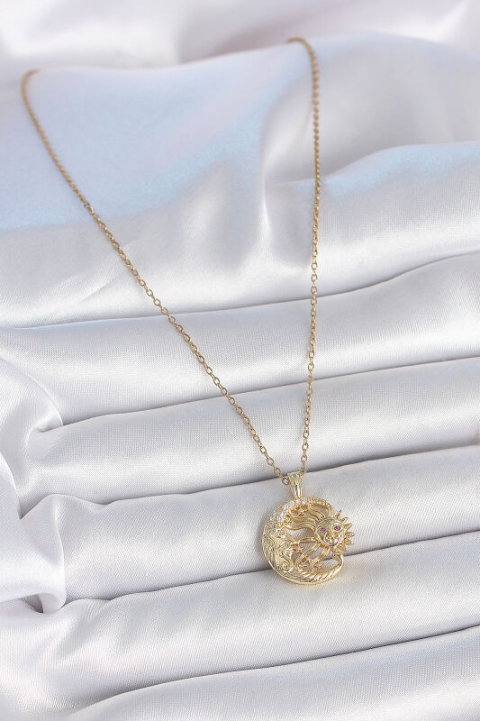 Gold Renk Zincir Ay Güneş Model Zirkon Taş Detaylı Kadın Kolye - EBJ250501W33595 - 2