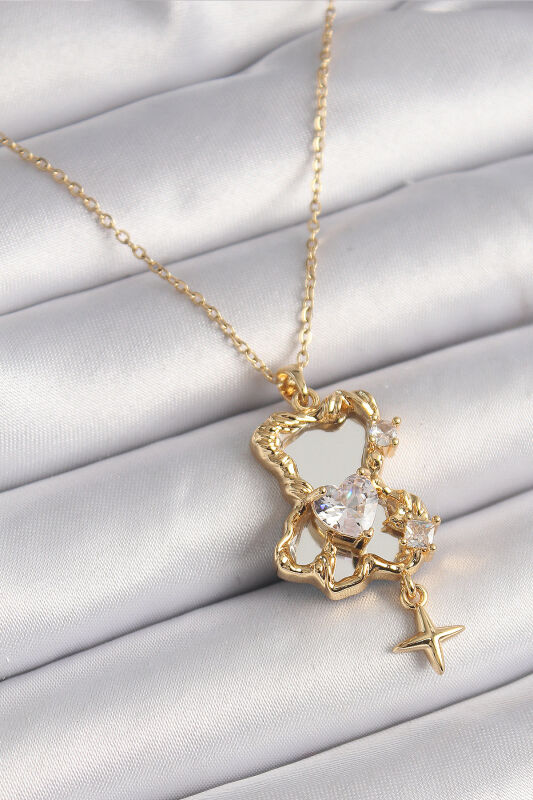 Gold Renk Zincir Ayna Ayıcık Model Zirkon Taşlı Kalp Model Kadın Kolye - EBJ241221W30093 - 1
