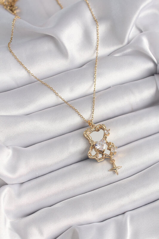 Gold Renk Zincir Ayna Ayıcık Model Zirkon Taşlı Kalp Model Kadın Kolye - EBJ241221W30093 - 2