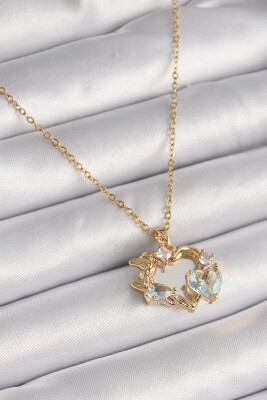 Gold Renk Zincir Ayna Kalp Model Zirkon Taşlı Kalp Model Kadın Kolye - EBJ241221W30099 - 1