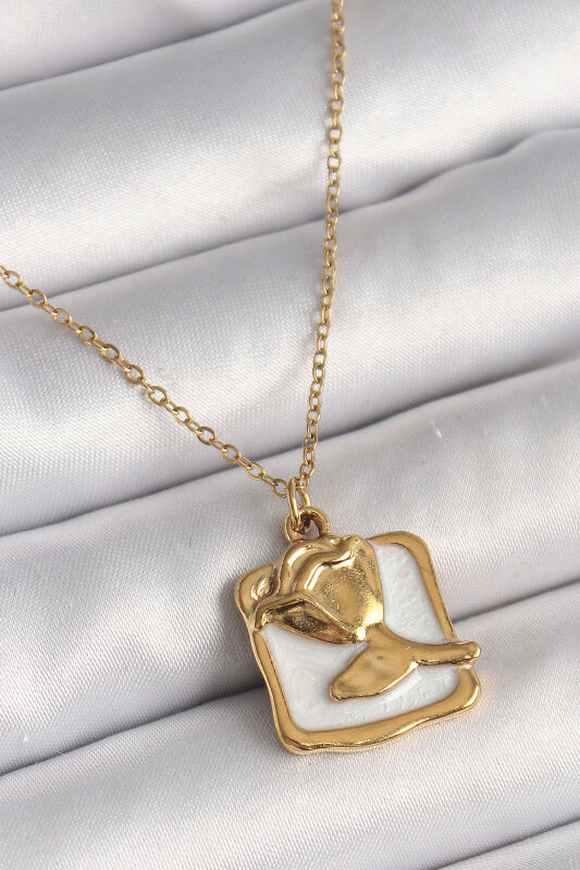 Gold Renk Zincir Beyaz Mineli Gül Portre Model Kadın Kolye - EBJ250301W31666 - 1