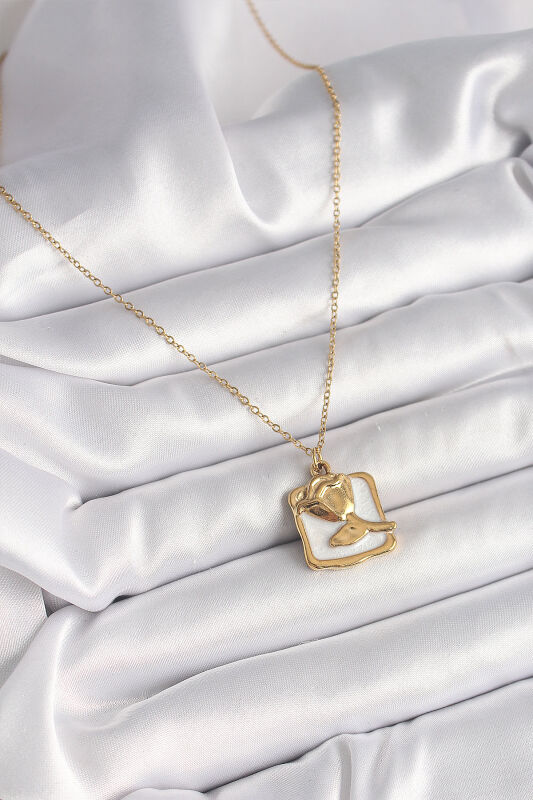 Gold Renk Zincir Beyaz Mineli Gül Portre Model Kadın Kolye - EBJ250301W31666 - 2