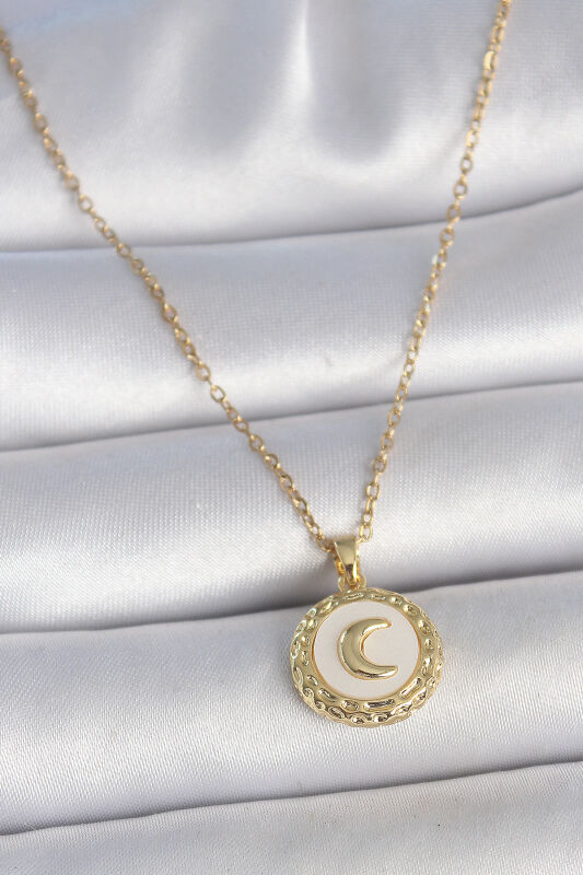Gold Renk Zincir Beyaz Mineli Hilal İşlemeli Madalyon Model Kadın Kolye - EBJ250501W33573 - 1