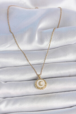 Gold Renk Zincir Beyaz Mineli Hilal İşlemeli Madalyon Model Kadın Kolye - EBJ250501W33573 - 2