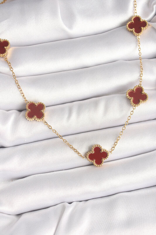 Gold Renk Zincir Bordo Yonca Model Kadın Kolye - EBJ250412W32549 - 1