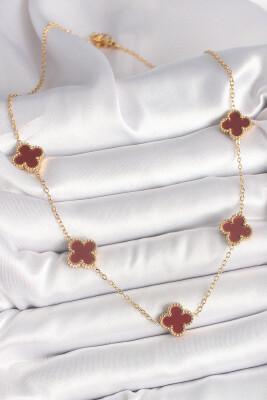Gold Renk Zincir Bordo Yonca Model Kadın Kolye - EBJ250412W32549 - 2
