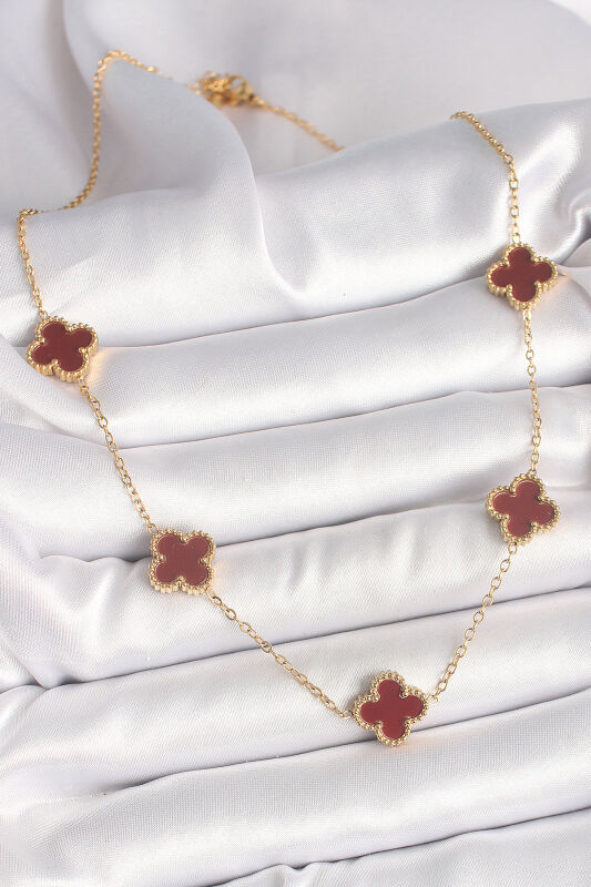 Gold Renk Zincir Bordo Yonca Model Kadın Kolye - EBJ250412W32549 - 2