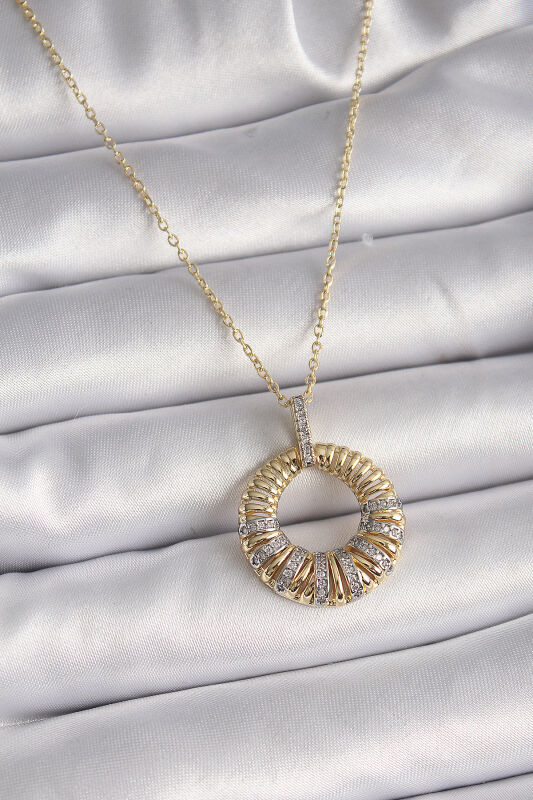 Gold Renk Zincir Gümüş Zirkon Taşlı Daire Model Kadın Kolye - EBJ241123W29329 - 1