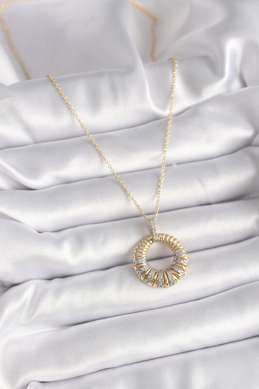 Gold Renk Zincir Gümüş Zirkon Taşlı Daire Model Kadın Kolye - EBJ241123W29329 - 2