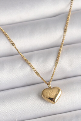 Gold Renk Zincir Love İşlemeli Kalp Figür Kadın Kolye - EBJ250207W31072 - 1
