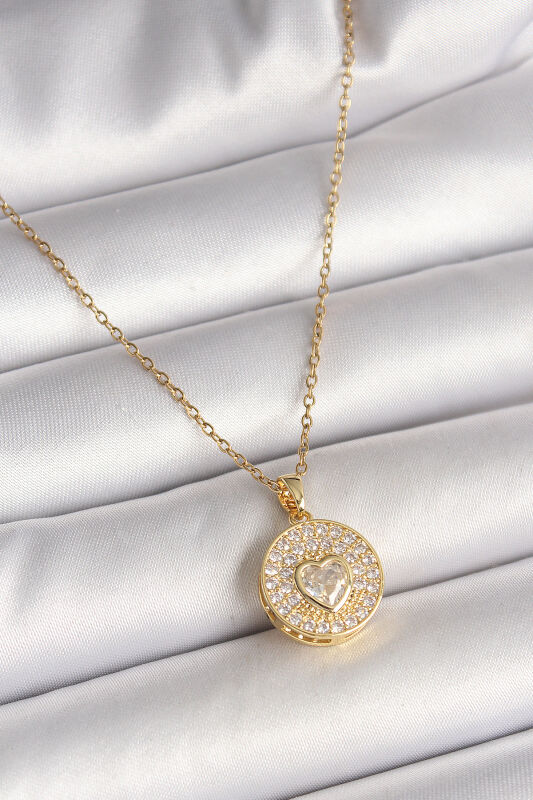 Gold Renk Zincir Madalyon Zirkon Taşlı Kalp Model Kadın Kolye - EBJ250501W32724 - 1