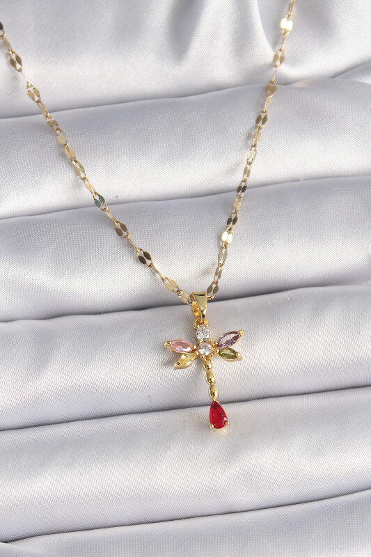 Gold Renk Zincir Renkli Zirkon Taşlı Yusufçuk Model Kadın Kolye - EBJ241214W29859 - 1