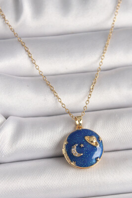 Gold Renk Zincir Zirkon Taş Detaylı Açılır Galaksi Model Kadın Kolye - EBJ250207W31096 - 1