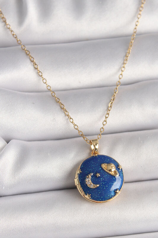Gold Renk Zincir Zirkon Taş Detaylı Açılır Galaksi Model Kadın Kolye - EBJ250207W31096 - 1