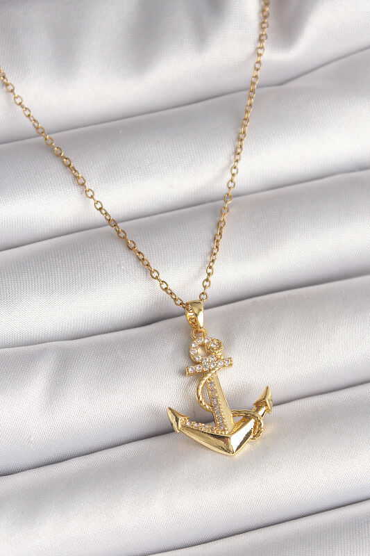 Gold Renk Zincir Zirkon Taş Detaylı Çapa Model Kadın Kolye - EBJ250501W32728 - 1