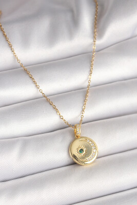Gold Renk Zincir Zirkon Taş İşlemeli Hilal Yıldız İşlemeli Madalyon Model Kadın Kolye - EBJ250501W32730 - 1