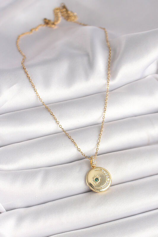 Gold Renk Zincir Zirkon Taş İşlemeli Hilal Yıldız İşlemeli Madalyon Model Kadın Kolye - EBJ250501W32730 - 2