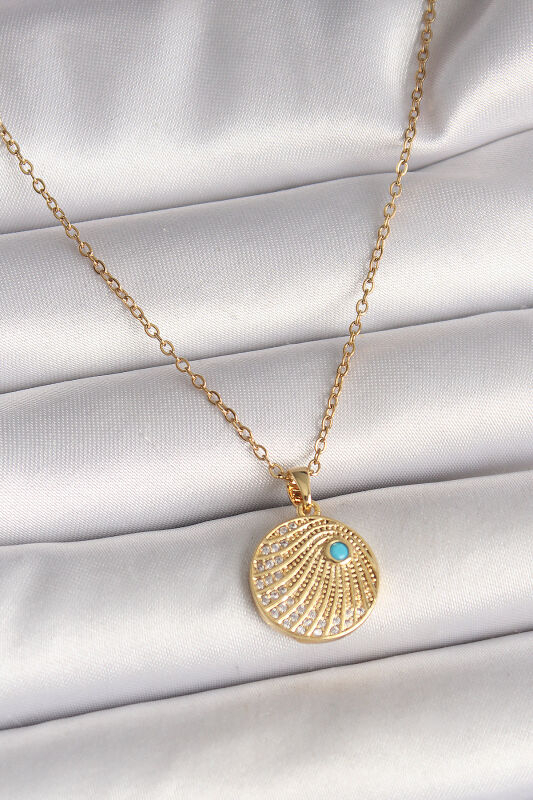 Gold Renk Zincir Zirkon Taş İşlemeli Mavi Taş Detaylı Madalyon Model Kadın Kolye - EBJ250501W32742 - 1