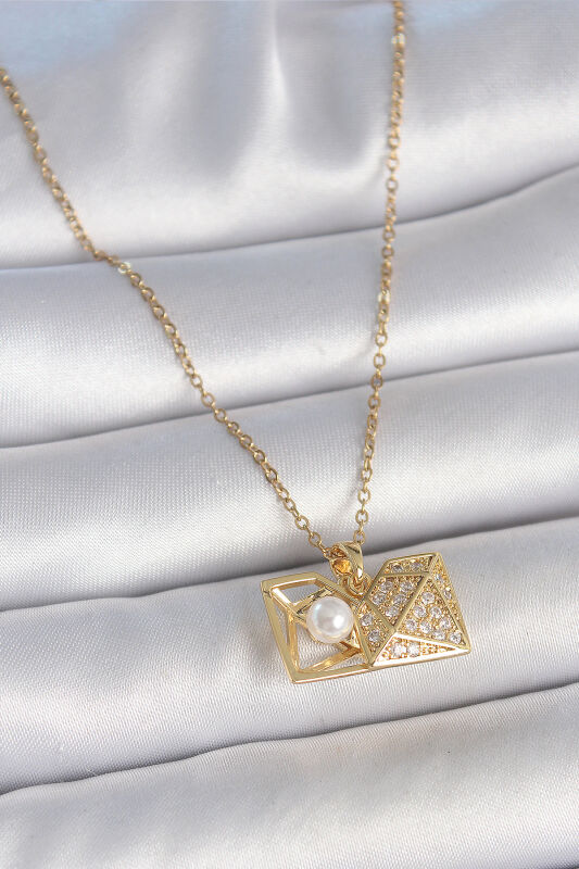 Gold Renk Zincir Zirkon Taşlı Açılır İncili Elmas Model Kadın Kolye - EBJ250501W33587 - 1