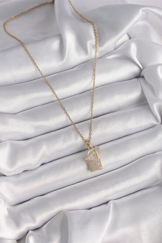 Gold Renk Zincir Zirkon Taşlı Asma Kilit Anahtar Model Kadın Kolye - EBJ241214W29939 - 1