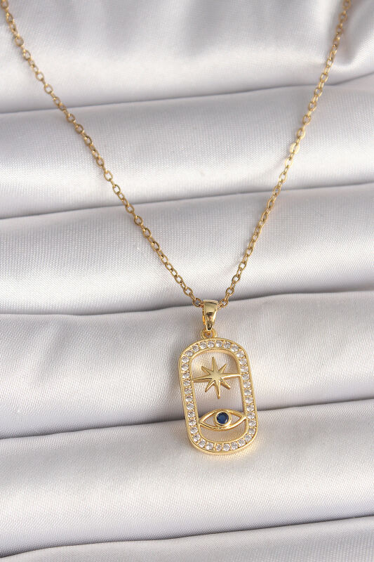 Gold Renk Zincir Zirkon Taşlı Göz Yıldız Model Kadın Kolye - EBJ250501W32762 - 1