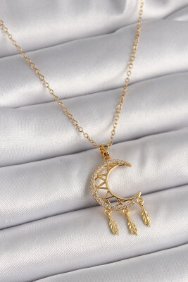 Gold Renk Zincir Zirkon Taşlı Hilal Model Sallantı Yaprak Detay Kadın Kolye - EBJ241228W30258 - 1