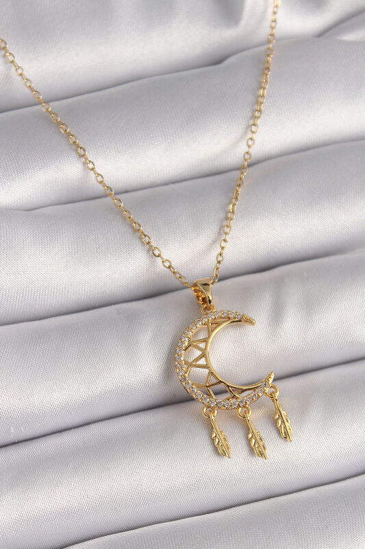 Gold Renk Zincir Zirkon Taşlı Hilal Model Sallantı Yaprak Detay Kadın Kolye - EBJ241228W30258 - 1