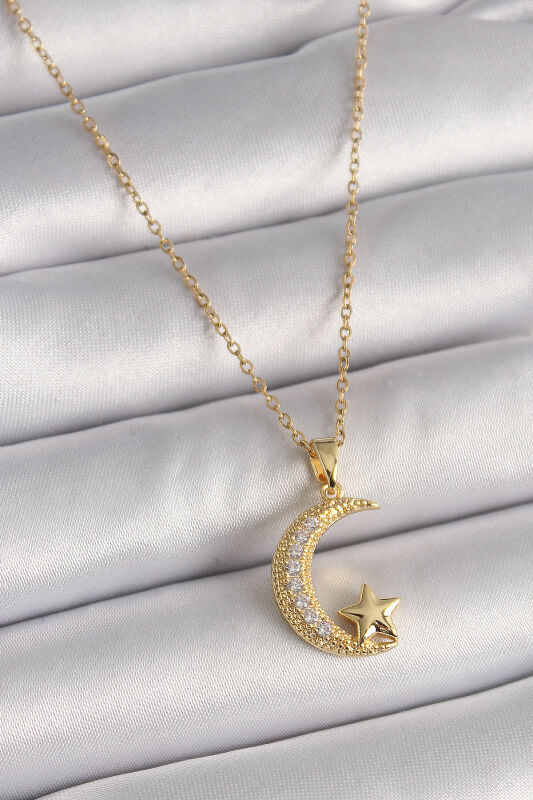 Gold Renk Zincir Zirkon Taşlı Hilal Model Yıldız Detay Kadın Kolye - EBJ241228W30262 - 1