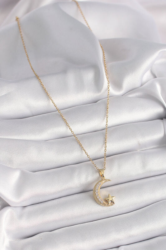 Gold Renk Zincir Zirkon Taşlı Hilal Model Yıldız Detay Kadın Kolye - EBJ241228W30262 - 2