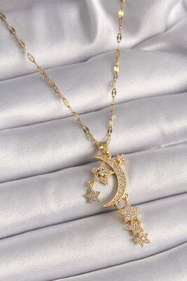 Gold Renk Zincir Zirkon Taşlı Hilal Yıldız Figür Sallantı Detay Kadın Kolye - EBJ241228W30254 - 1