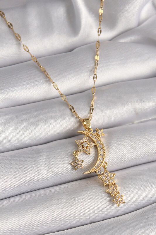 Gold Renk Zincir Zirkon Taşlı Hilal Yıldız Figür Sallantı Detay Kadın Kolye - EBJ241228W30254 - 1