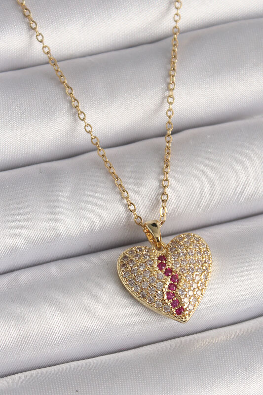 Gold Renk Zincir Zirkon Taşlı Kalp Model Kadın Kolye - EBJ241228W30252 - 1
