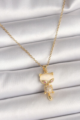 Gold Renk Zincir Zirkon Taşlı Kedi Model Kadın Kolye - EBJ250501W32758 - 1