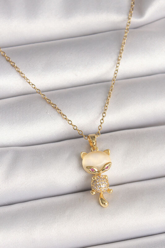 Gold Renk Zincir Zirkon Taşlı Kedi Model Kadın Kolye - EBJ250501W32758 - 1