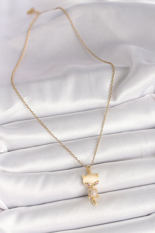 Gold Renk Zincir Zirkon Taşlı Kedi Model Kadın Kolye - EBJ250501W32758 - 2