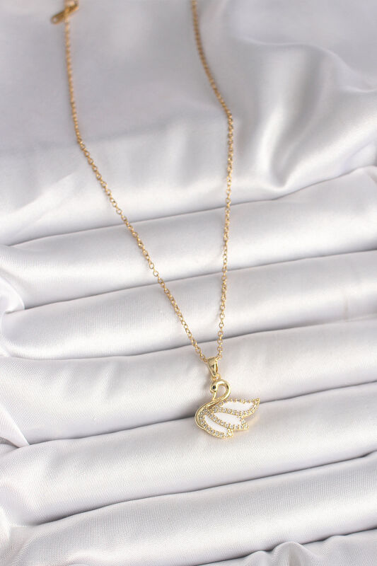 Gold Renk Zincir Zirkon Taşlı Kuğu Model Kadın Kolye - EBJ250501W32774 - 2