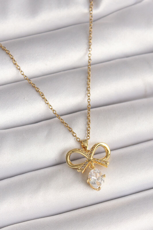 Gold Renk Zincir Zirkon Taşlı Kurdele Model Kadın Kolye - EBJ250501W32738 - 1