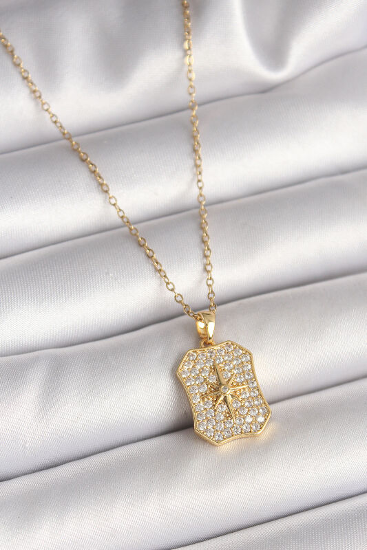 Gold Renk Zincir Zirkon Taşlı Kutup Yıldız İşlemeli Madalyon Model Kadın Kolye - EBJ250501W32720 - 1