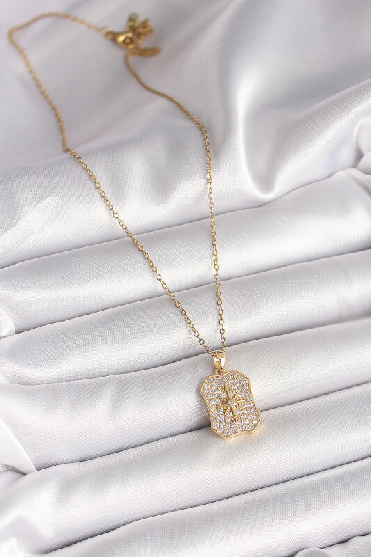 Gold Renk Zincir Zirkon Taşlı Kutup Yıldız İşlemeli Madalyon Model Kadın Kolye - EBJ250501W32720 - 2