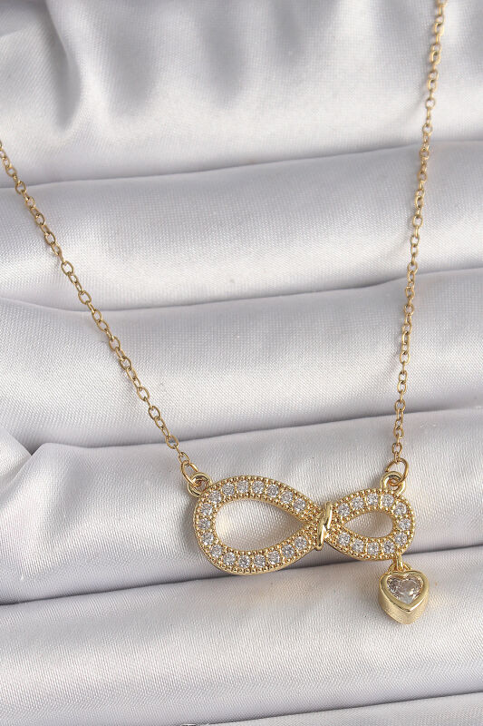 Gold Renk Zincir Zirkon Taşlı Sonsuzluk Model Sallantı Taşlı Kalp Detay Kadın Kolye - EBJ250207W31094 - 1
