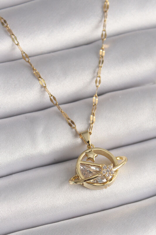 Gold Renk Zincir Zirkon Taşlı Yıldız Detay Satürn Gezegen Model Kadın Kolye - EBJ241228W30250 - 1